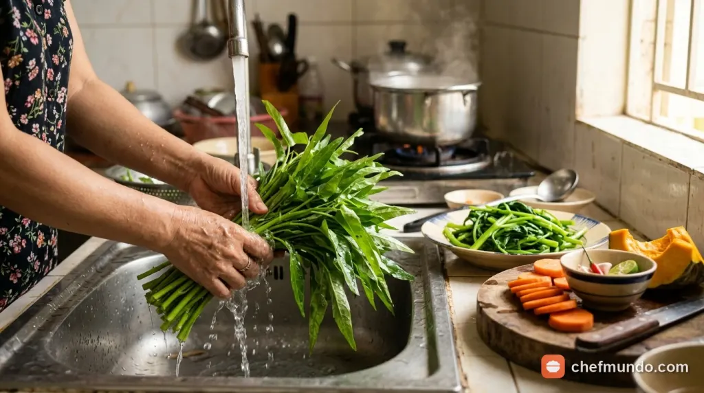 Bàn tay rửa và luộc rau muống chín trong bếp gia đình Việt, minh họa cách chế biến an toàn