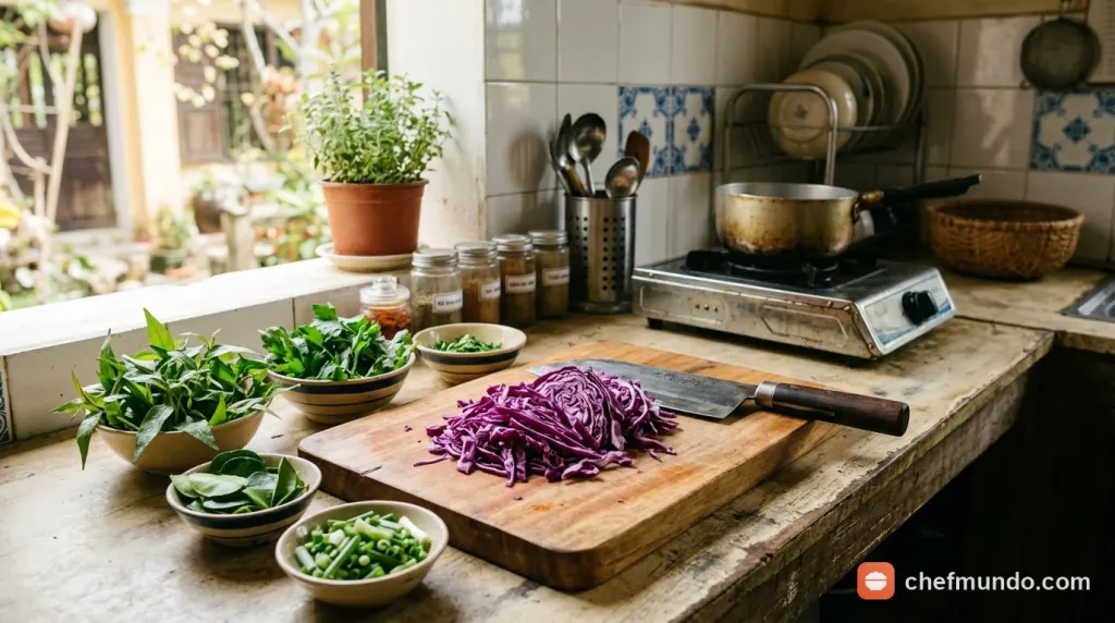 Đĩa nộm bắp cải tím thịt gà xé trộn rau thơm, ớt đỏ và rắc đậu phộng rang giòn thơm ngon.