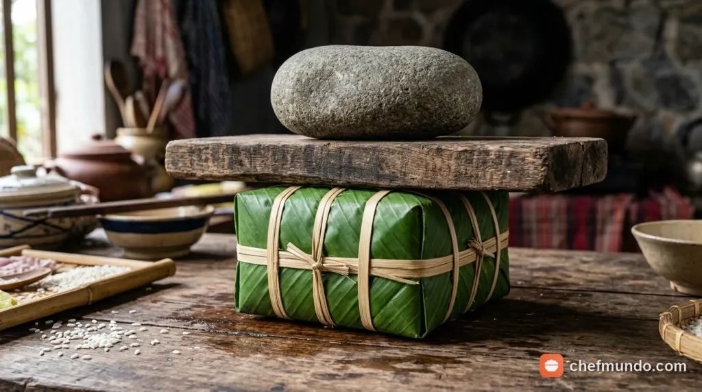 Quy trình nén ép ráo nước bánh chưng sau khi luộc chín giúp bảo quản được lâu