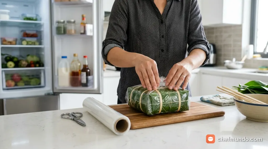 Bọc kín bánh chưng bằng màng bọc thực phẩm trước khi cất vào ngăn mát tủ lạnh