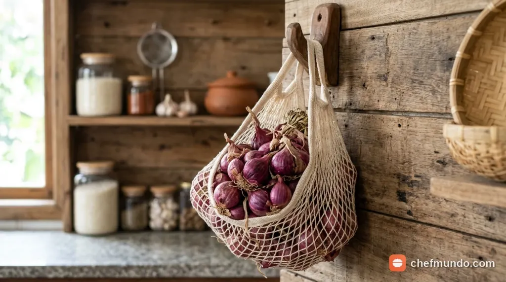 Bảo quản hành khô bằng túi lưới treo thoáng khí