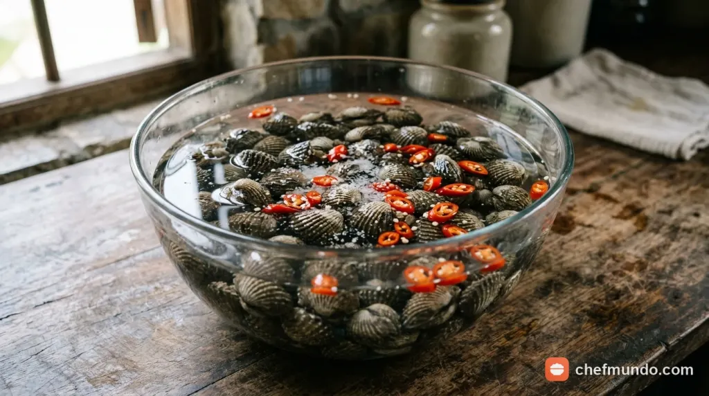 Sơ chế ngâm sò huyết nhả sạch bùn cát bằng nước muối loãng và ớt