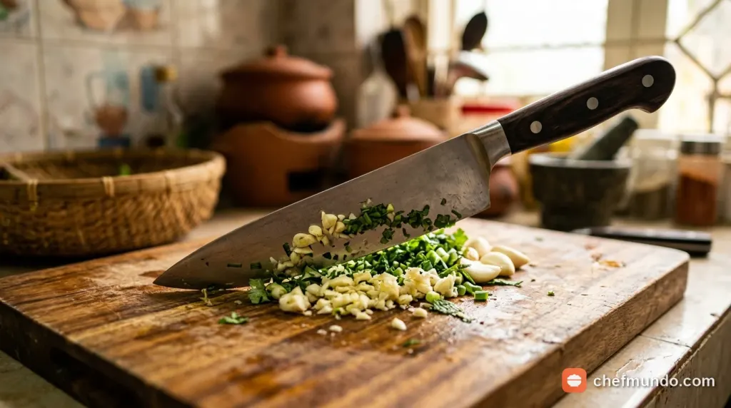 Kỹ thuật băm bẩy thực phẩm bằng dao bếp giữ cố định mũi dao trên thớt