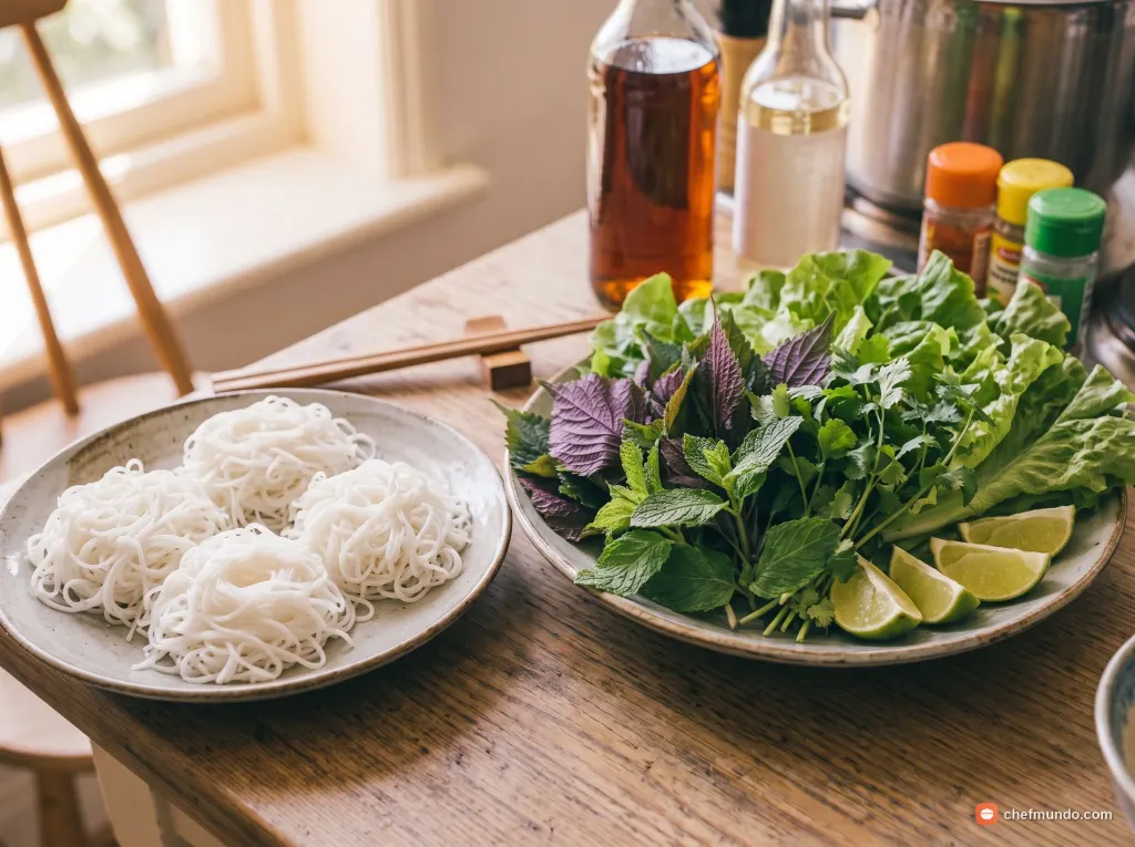 Chuẩn bị bún tươi và rau sống