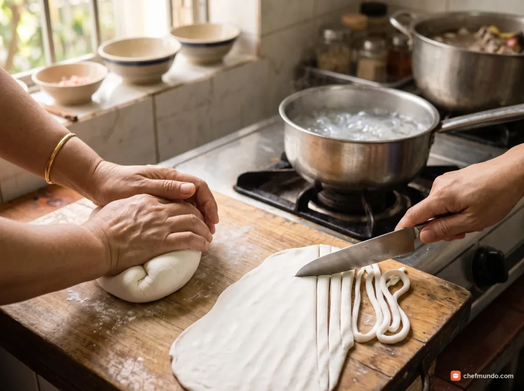 Nhào bột năng và cắt sợi bánh canh