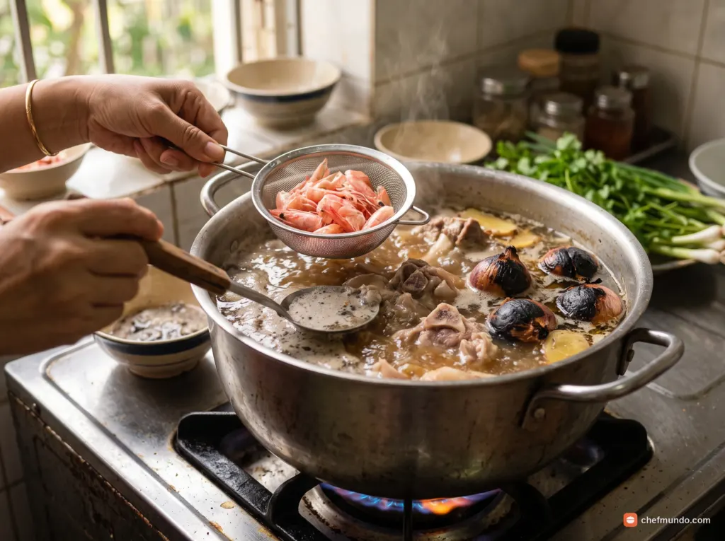 Hầm nước dùng xương heo và vỏ tôm