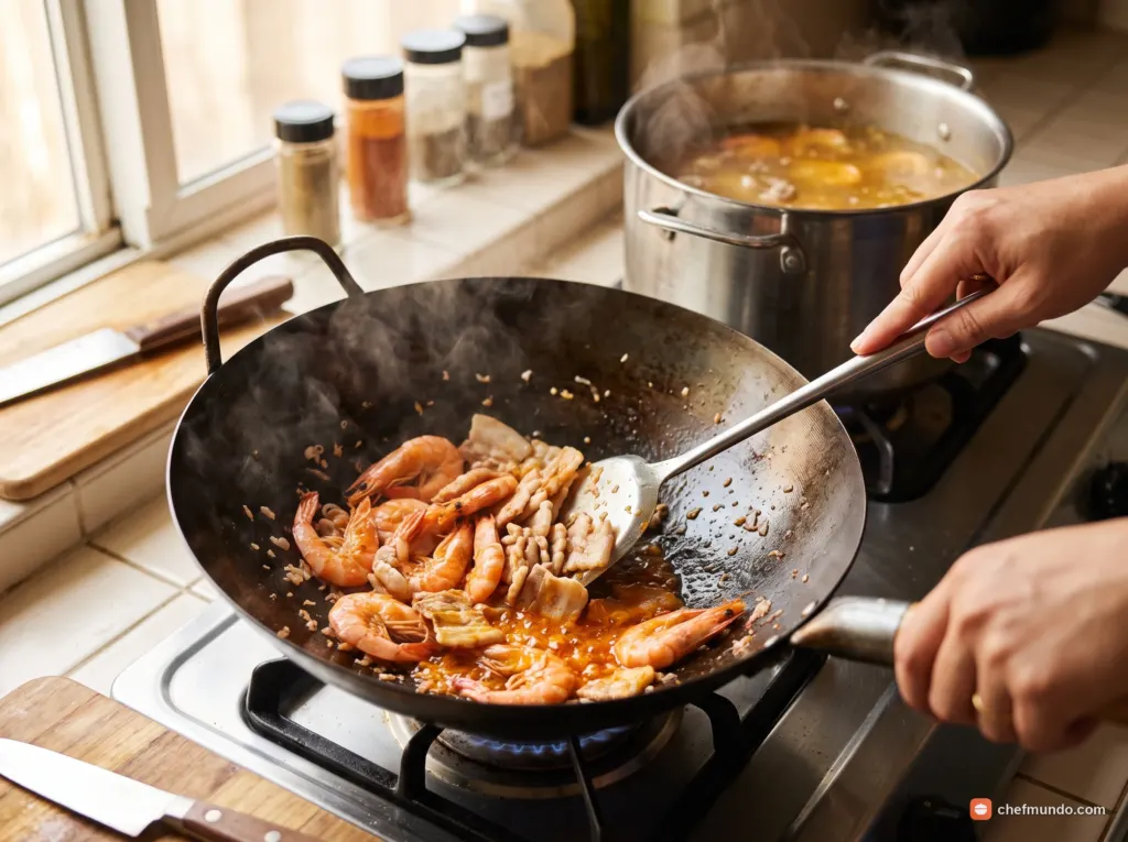 Xào tôm thịt và nêm nước dùng