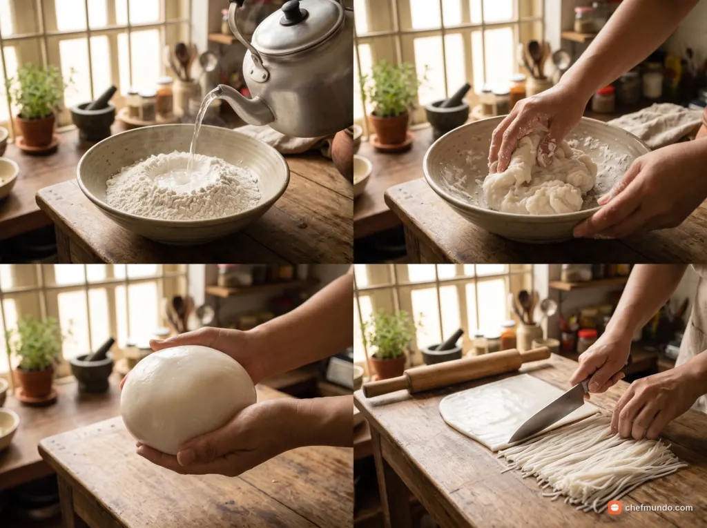 Nhồi bột năng và cắt sợi