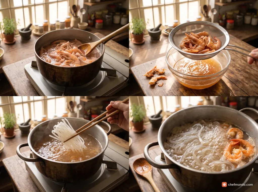 Nấu nước dùng và luộc sợi