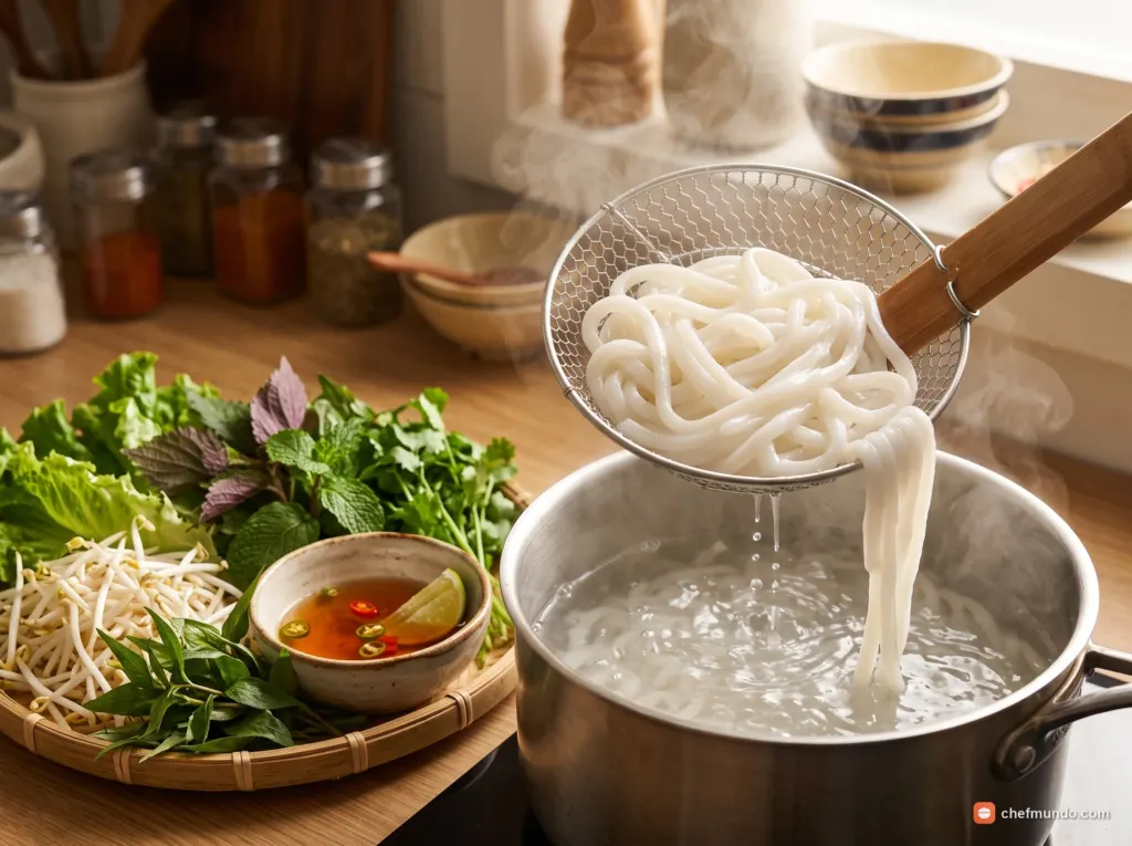 Chần bánh canh, chuẩn bị rau và nước chấm