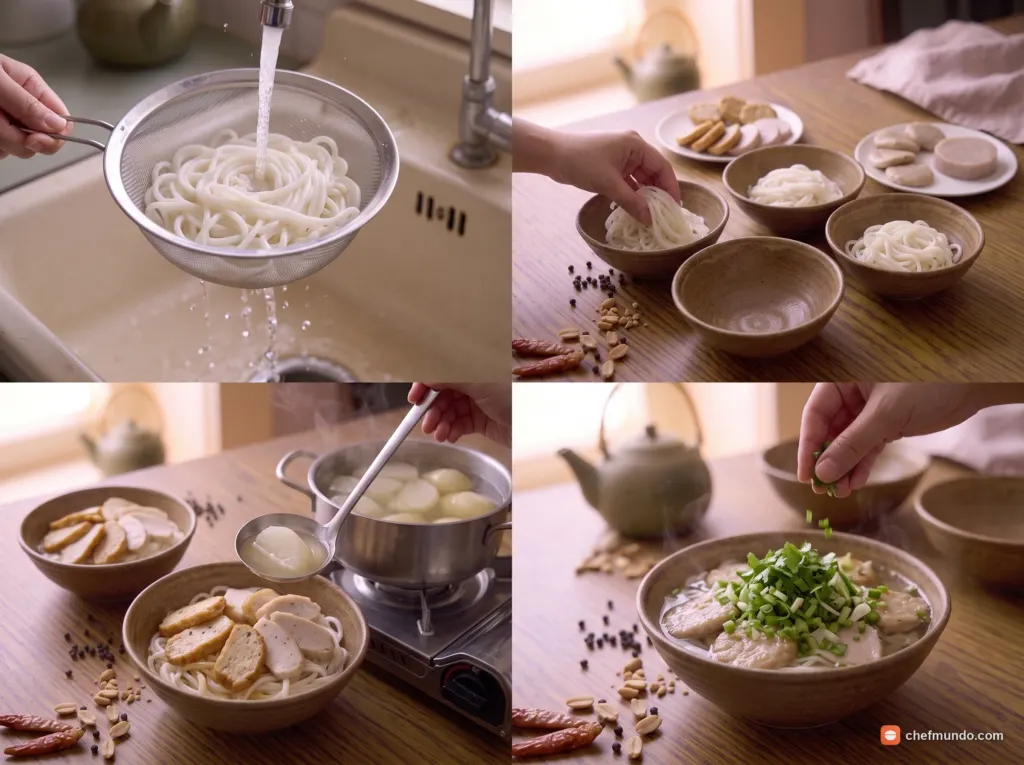 Chần bánh canh và hoàn thiện tô