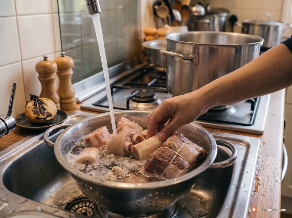 Sơ chế và chần xương, bắp bò, giò heo