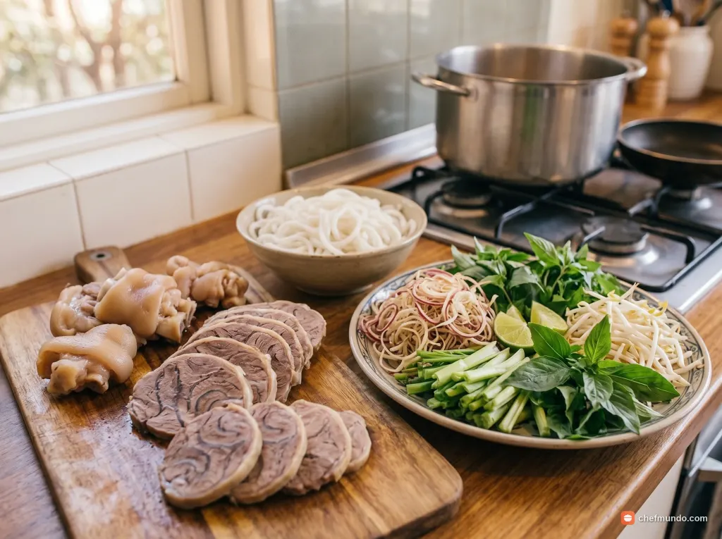 Chuẩn bị bún, thái thịt và rau ăn kèm