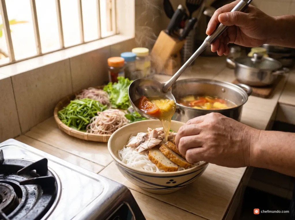 Trình bày tô bún cá và thưởng thức