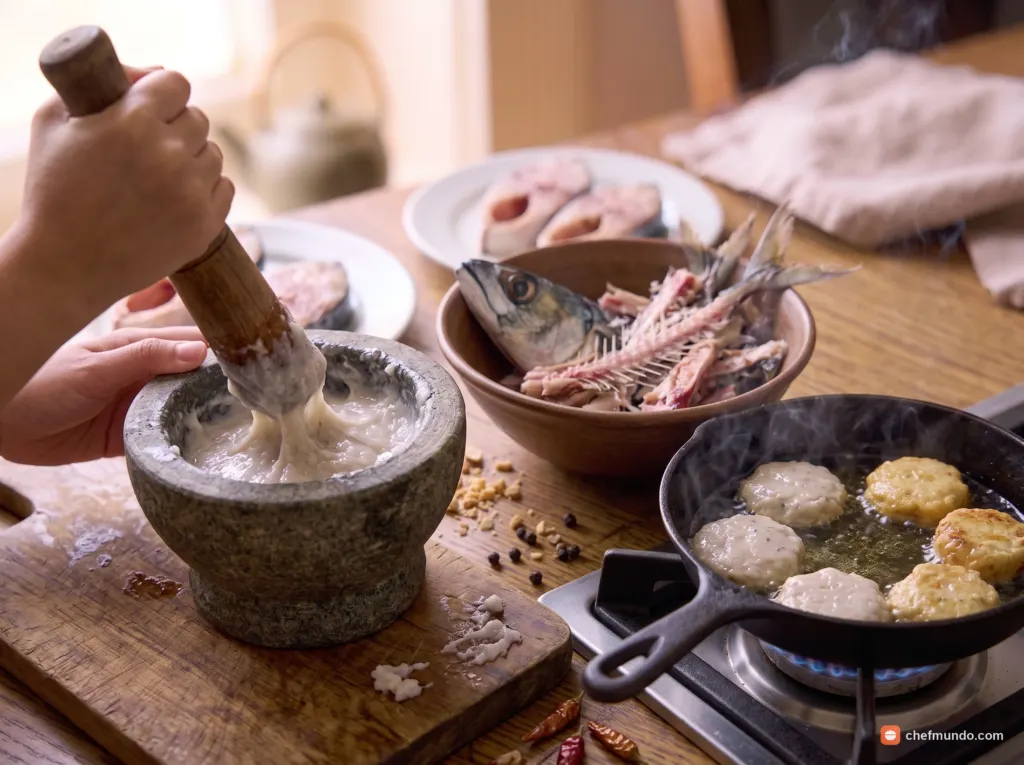 Quết và chiên chả cá
