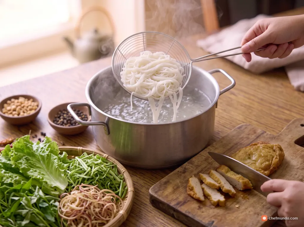 Trụng bún và sơ chế rau
