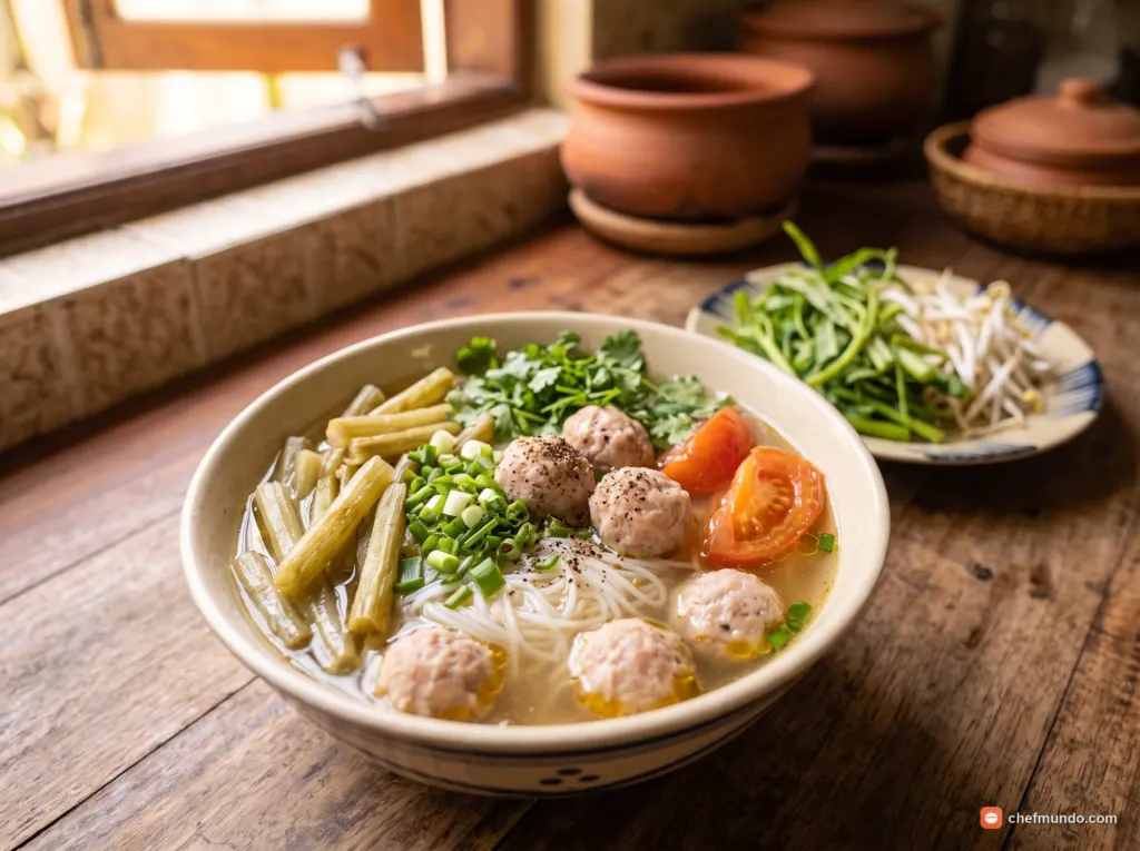Trình bày bát bún mọc dọc mùng