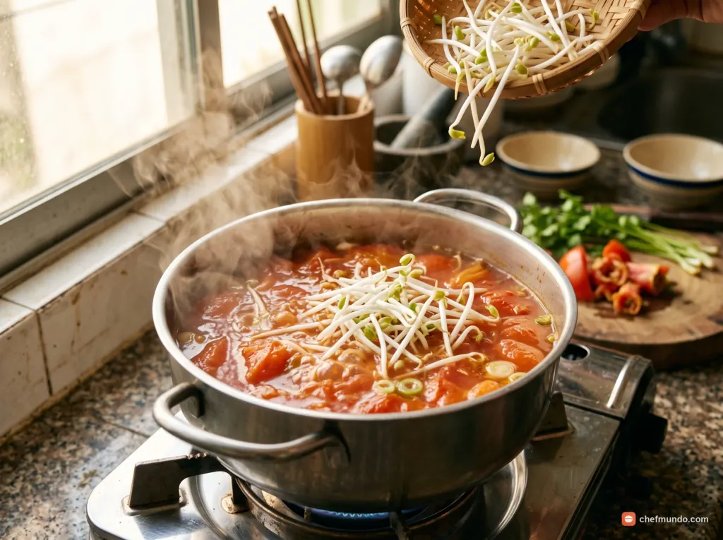 Nấu nước dùng và cho giá đỗ