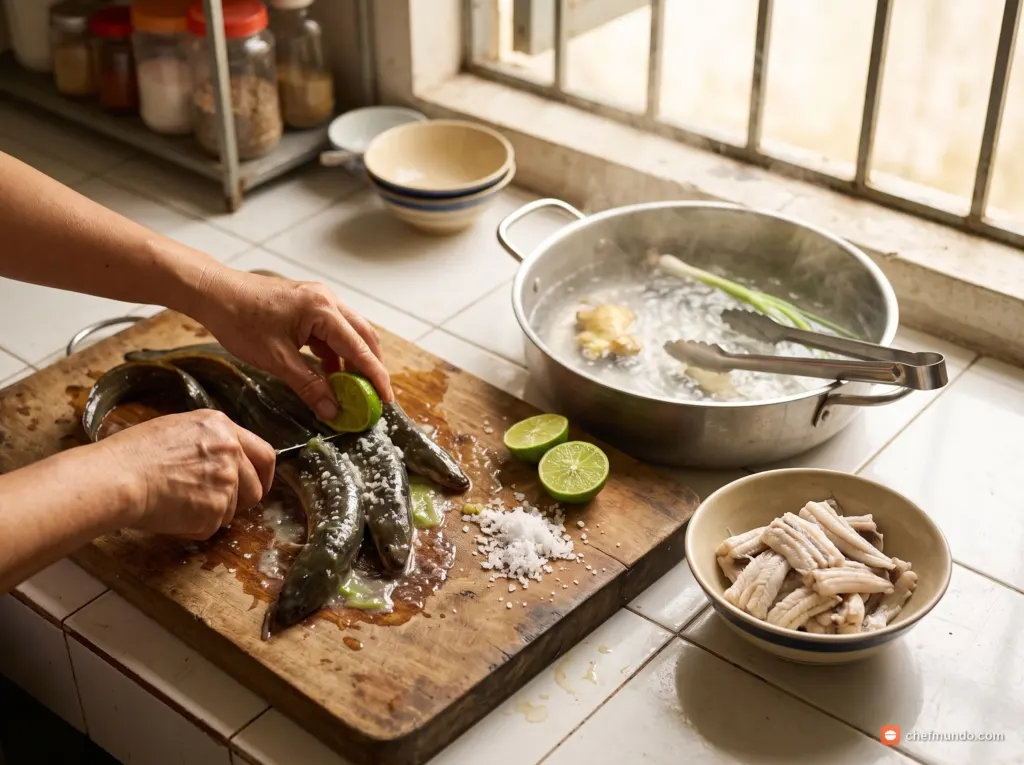 Sơ chế lươn và luộc lấy nước dùng