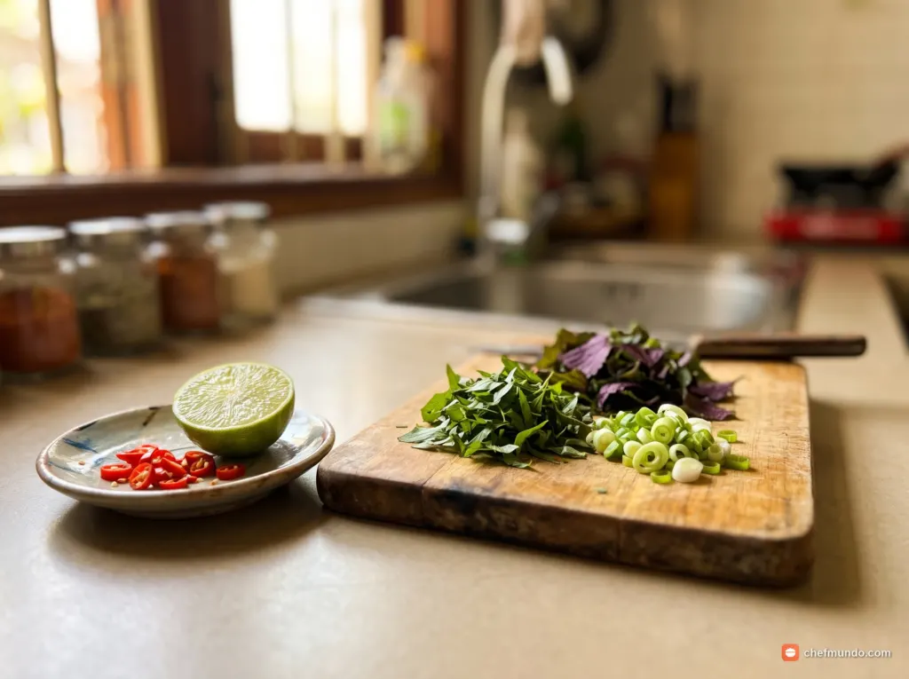 Chuẩn bị rau thơm và đồ ăn kèm
