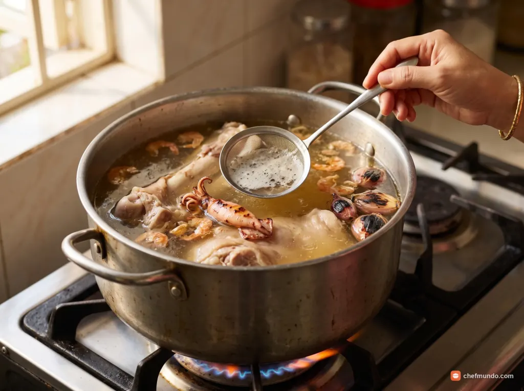 Hầm nước dùng xương, tôm khô và mực khô