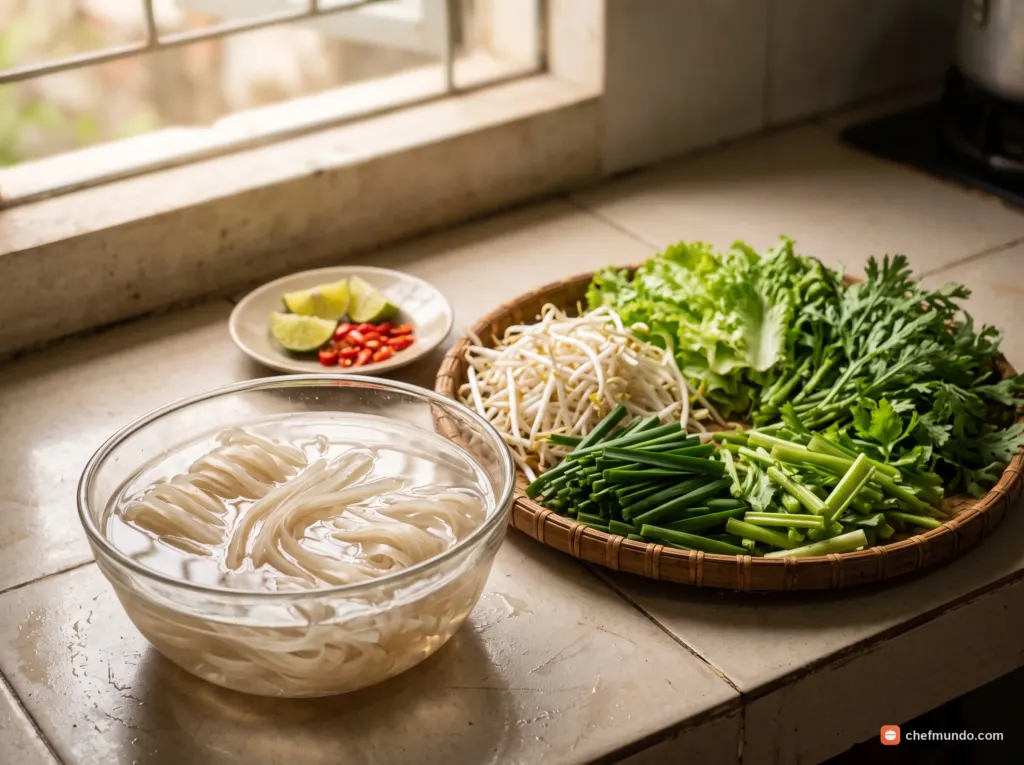 Chuẩn bị hủ tiếu và rau ăn kèm