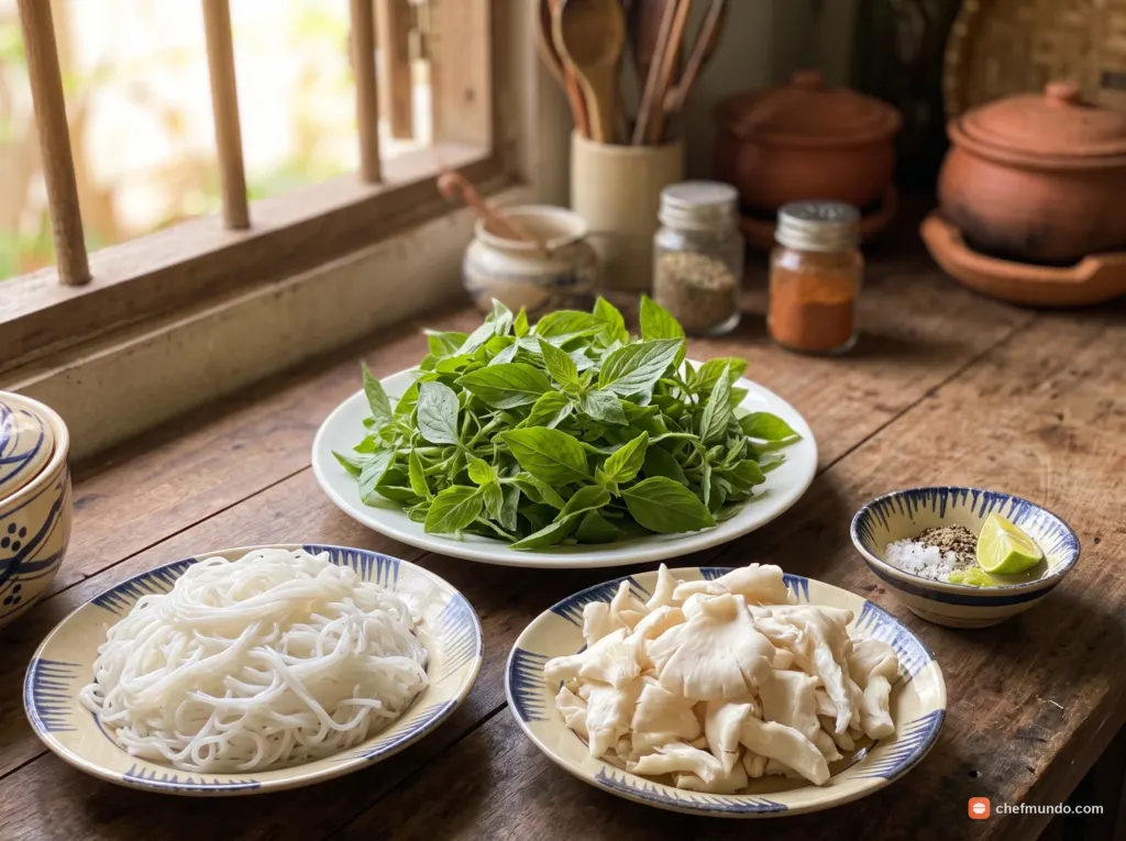 Chuẩn bị lá é, nấm và bún ăn kèm