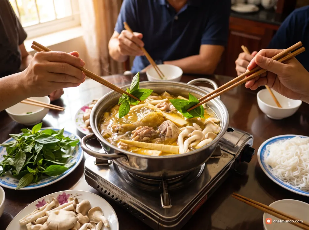 Trình bày và ăn lẩu gà lá é
