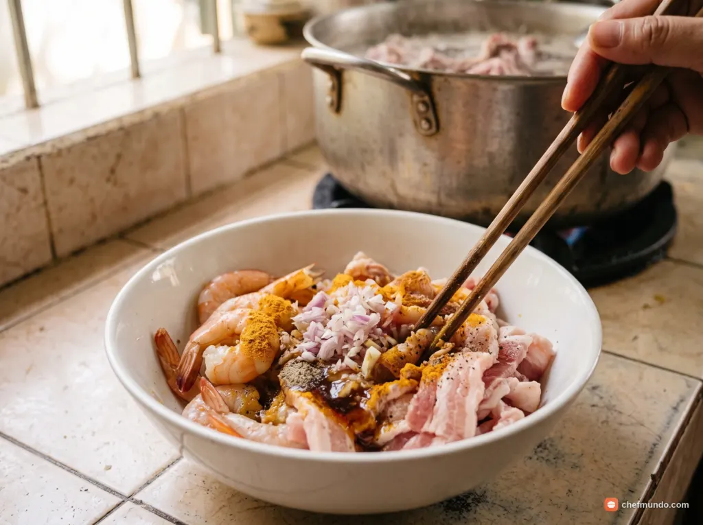 Sơ chế tôm, thịt và ướp gia vị