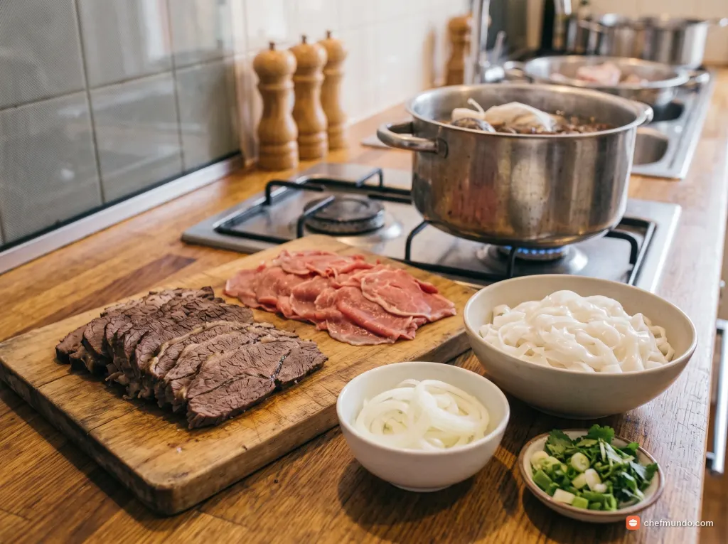 Thái thịt và chần bánh phở sợi to bản