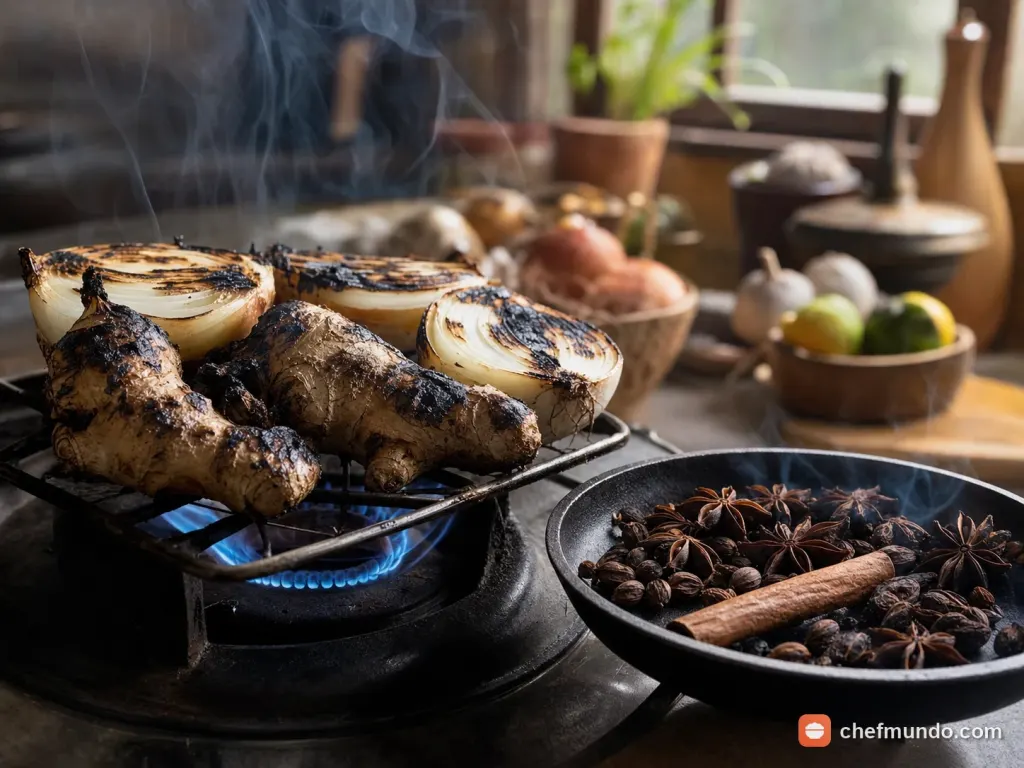 Nướng hành, gừng và rang gia vị