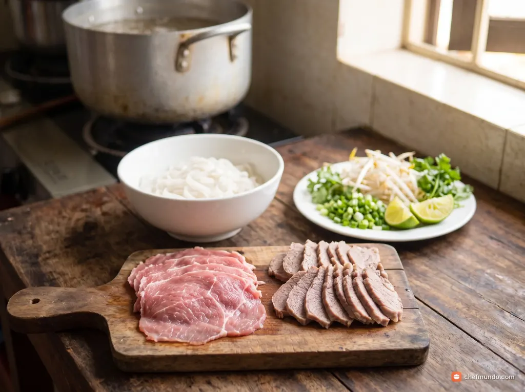 Chuẩn bị bánh phở, thái thịt và rau ăn kèm