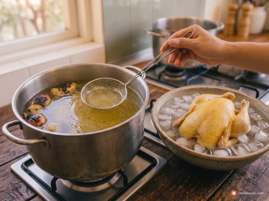 Luộc gà nguyên con và ngâm nước đá