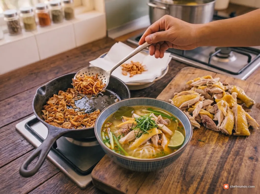 Chiên hành phi, xé thịt gà và chần bánh phở