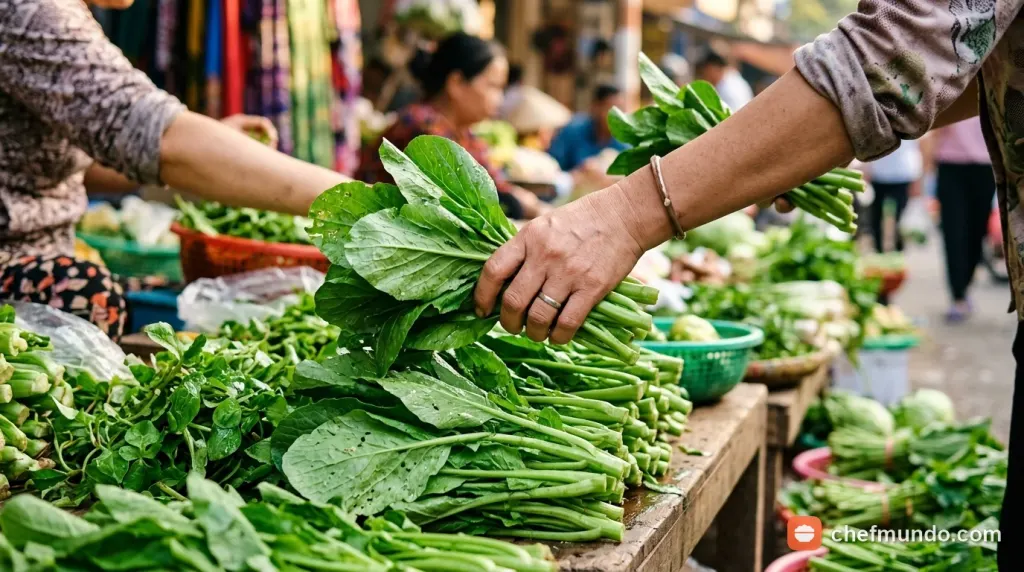 Tay chọn rau cải tươi giòn tại quầy hàng