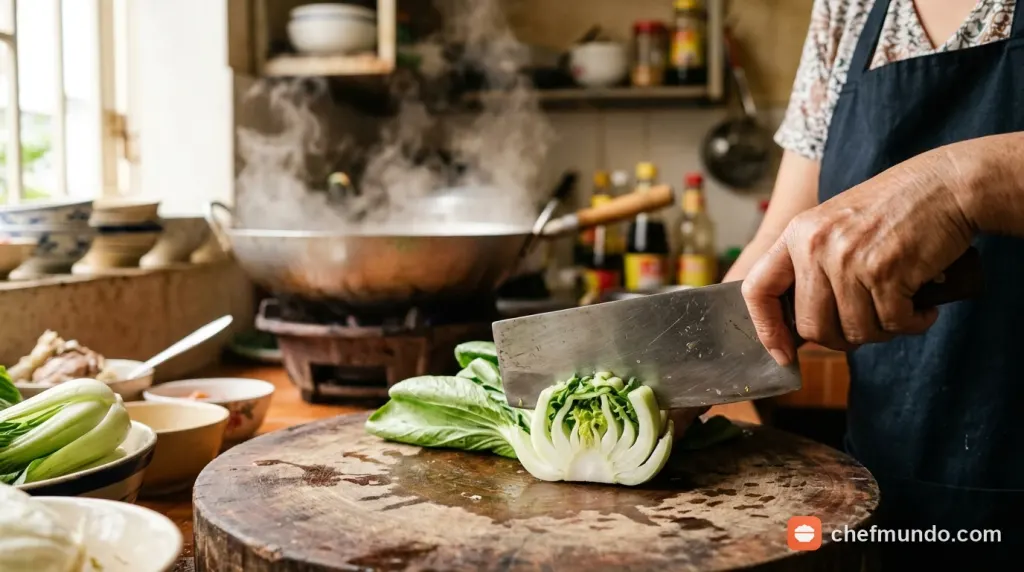 Cắt nhỏ bẹ cải thìa tươi trên thớt gỗ chuẩn bị chế biến