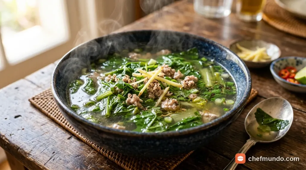 Bát canh cải bẹ xanh nấu gừng nóng hổi trên bàn ăn