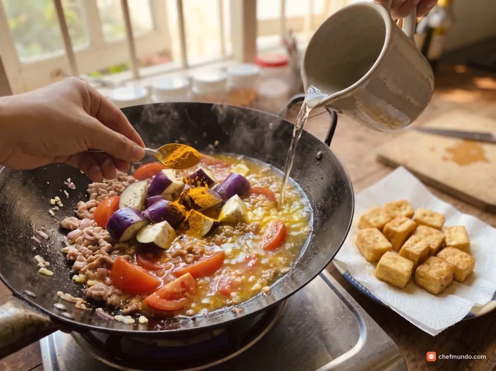 Nấu canh cà tím với bột nghệ