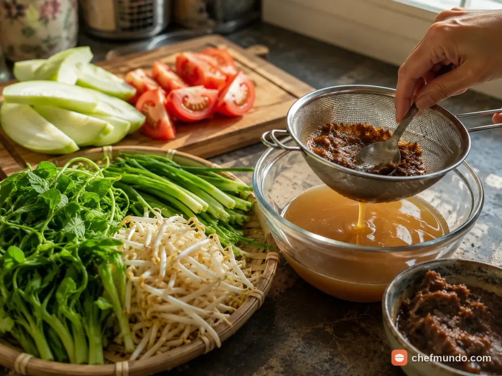 Chuẩn bị rau củ và nước cốt me