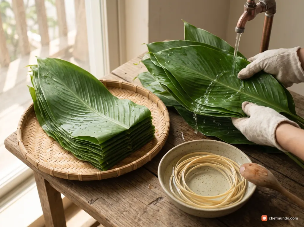 Rửa lá dong và chuẩn bị dây lạt