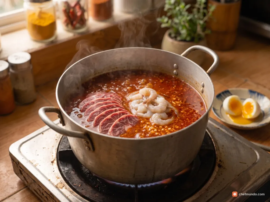 Nấu bò, tôm và trứng