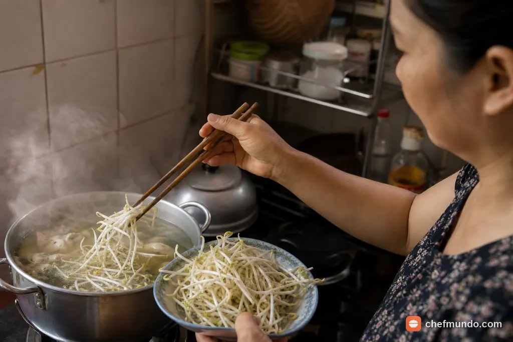 Cho giá đỗ vào nồi canh chín sôi trên bếp