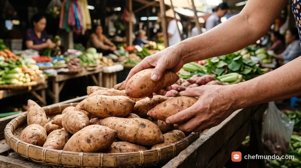 Khoai lang hấp chín bốc khói lộ ruột vàng dẻo bùi