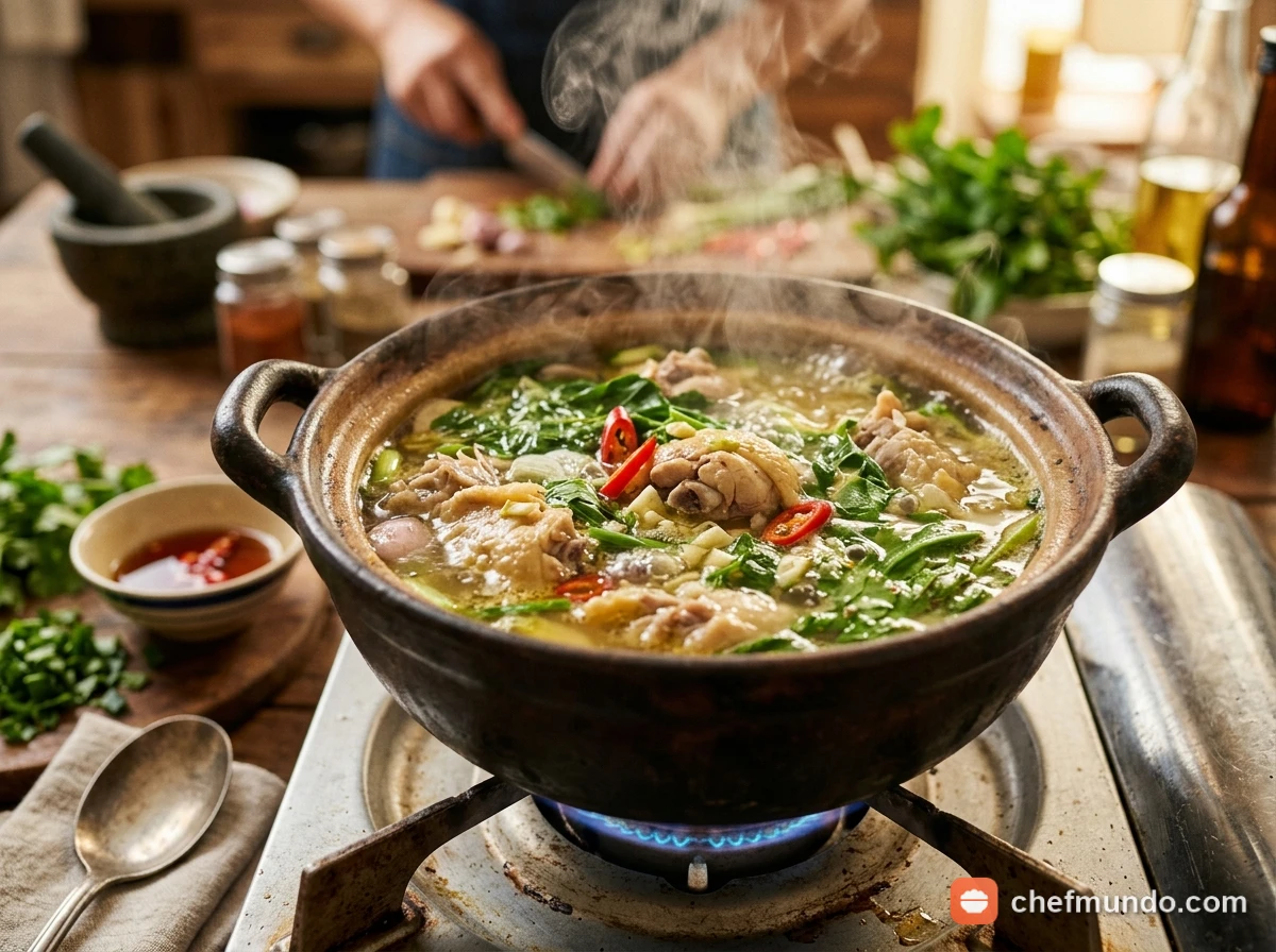 Nồi canh gà nấu lá chua bốc khói ngút ngàn vị thanh mát