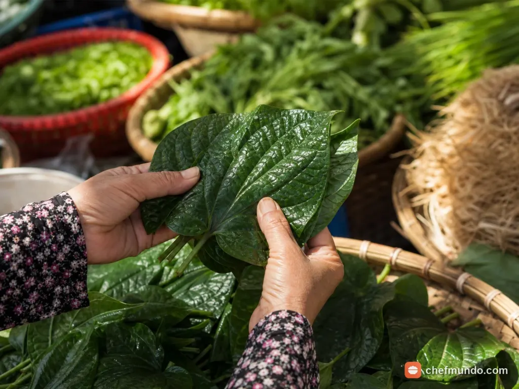 Tay cuốn chả thịt băm trong phiến lá lốt tươi xanh