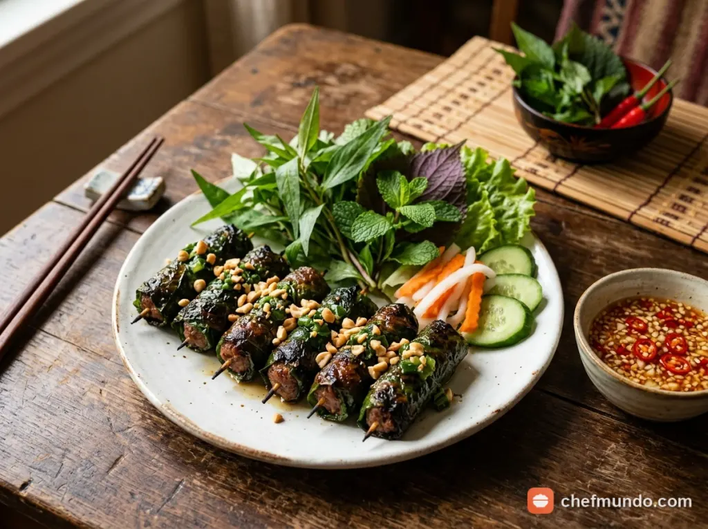 Đĩa thịt bò nướng cuốn lá lốt thơm lừng rắc đậu phộng