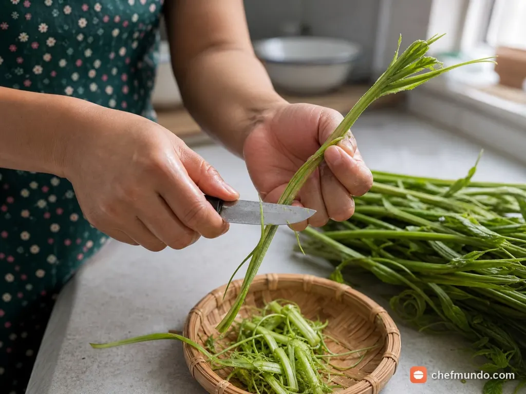 Đôi tay tước xơ cọng rau bí và tách nhị hoa đực
