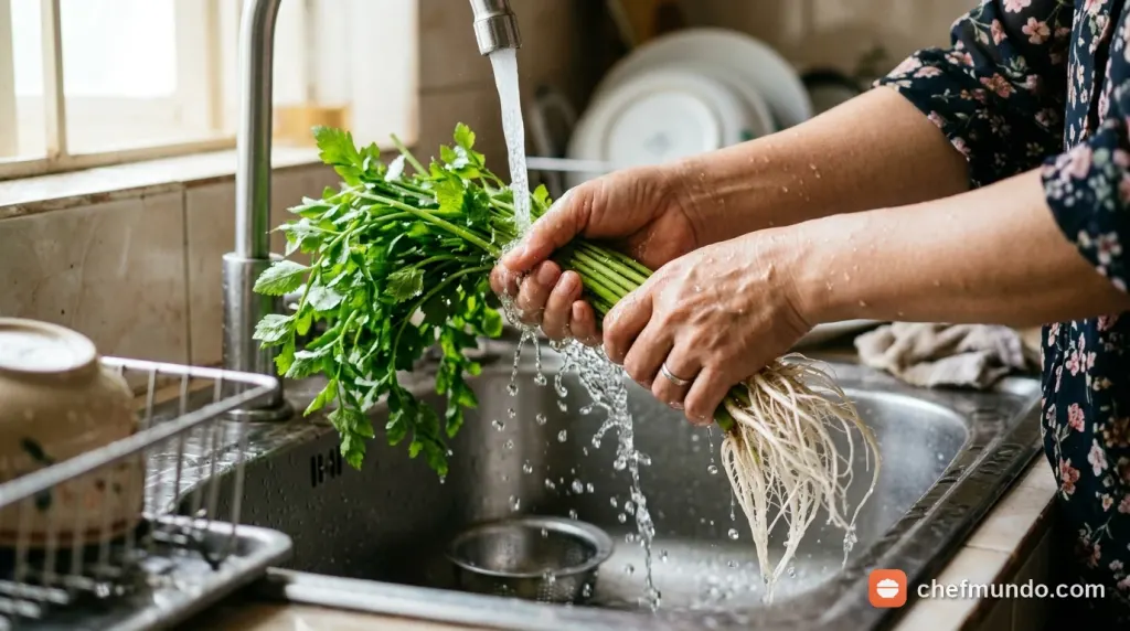 Rửa rau cần nước dưới vòi nước chảy sạch bùn đất