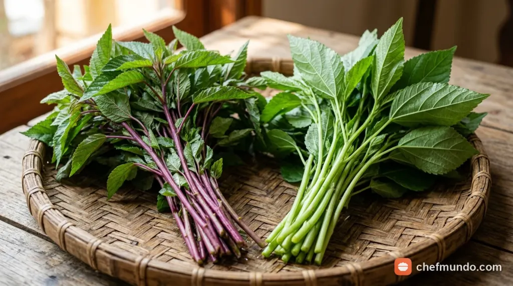 So sánh bó rau đay đỏ thân tía và bó rau đay trắng thân xanh