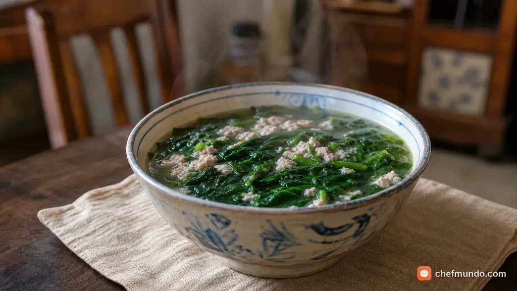 Bát canh rau đay nấu thịt băm nóng hổi trên mâm cơm gia đình